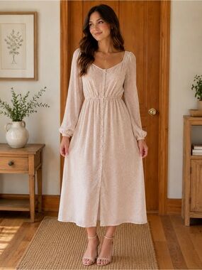 OAK + FORT Cream Floral Long Sleeve Midi Dress